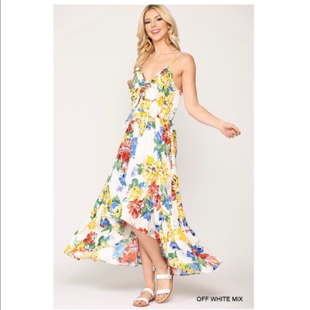 New! Sale 🔥 Beautiful Florals Off white Ruffle Hem and Trim Maxi Hi Lo Dress - Picture 5 of 5